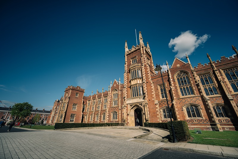 Lanyon building façade with blue sky and cloud, April 2021