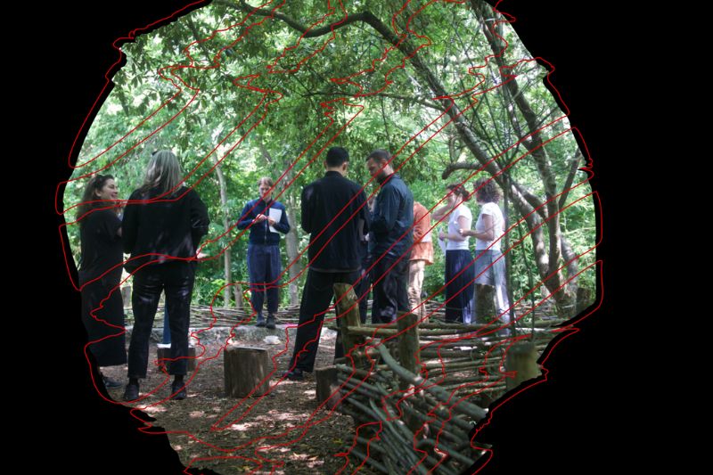 group of people standing in a circle in a clearing in a wooded area